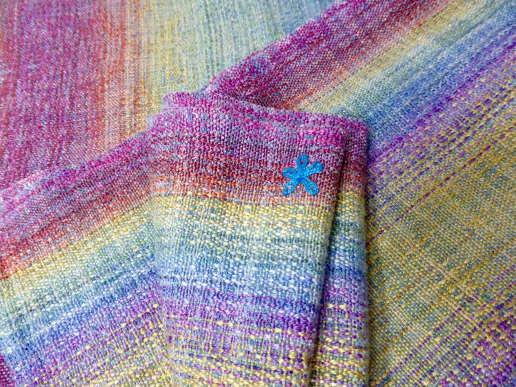 Rainbow End wrap #7, bourette silk weft, crackle weave, midlle markers